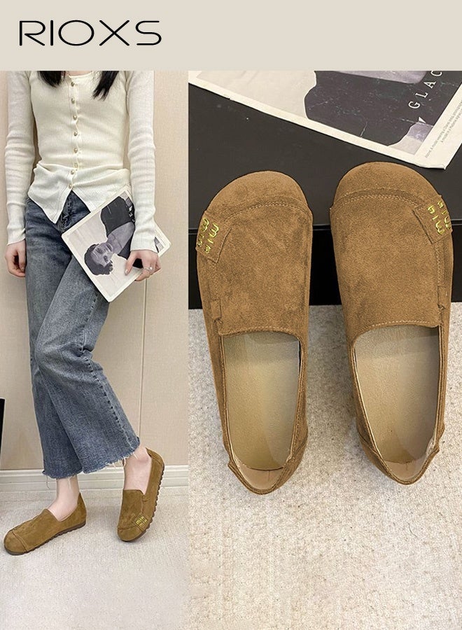 ريوكس حذاء نسائي مريح بدون أربطة، حذاء مسطح كاجوال من الجلد المدبوغ برقبة مستديرة، حذاء منخفض برقبة سميكة ونعل مطاطي، تصميم بسيط متعدد الطبقات بلون موحد، قطعة أساسية متعددة الاستخدامات، مريح للارتداء اليومي، كاكي - Image 2